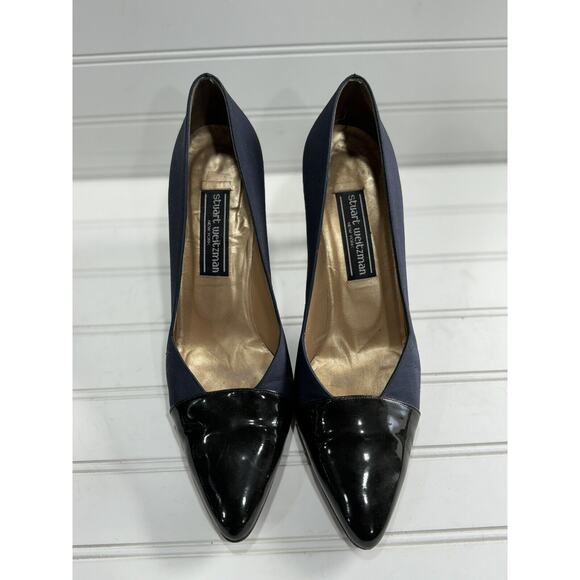 Stuart Weitzman High Heels Cadet Blue Cloth Patent Leather Pointy Toe Size 6 - Picture 3 of 7